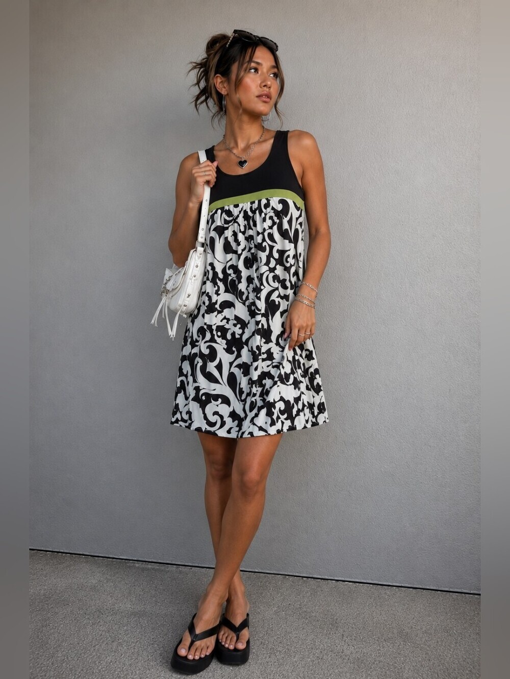 En Focus Studio Womens |8| Y2K Brown/Ivory/Lime Green Tank Shift Dress